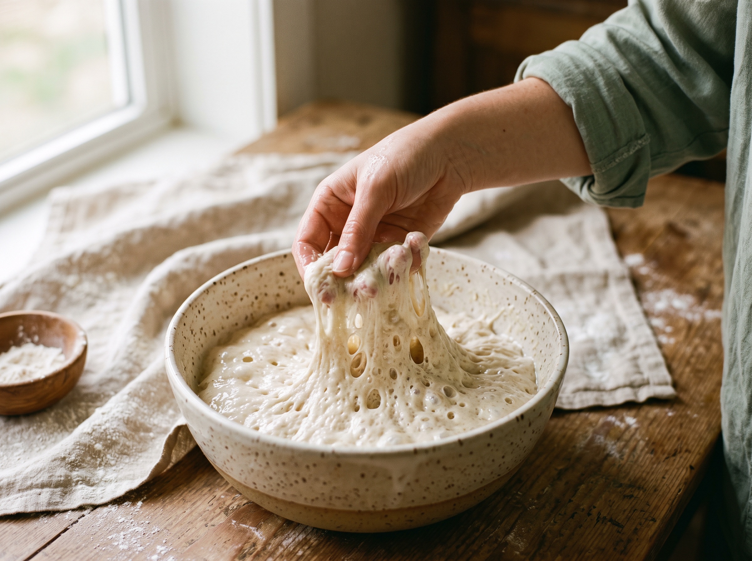 A hand doing a gentle stretch-and-fold on wet bubbly sourdough dough in a bowl