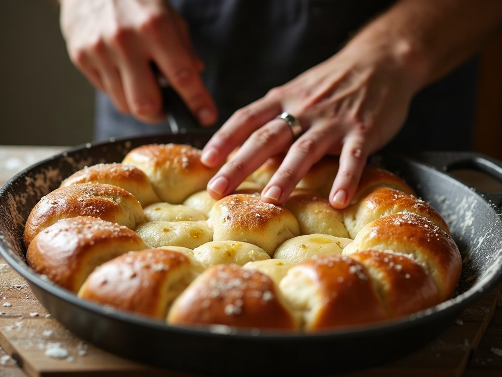 Fingertips pressing deep dimples into oiled, risen focaccia dough in a pan