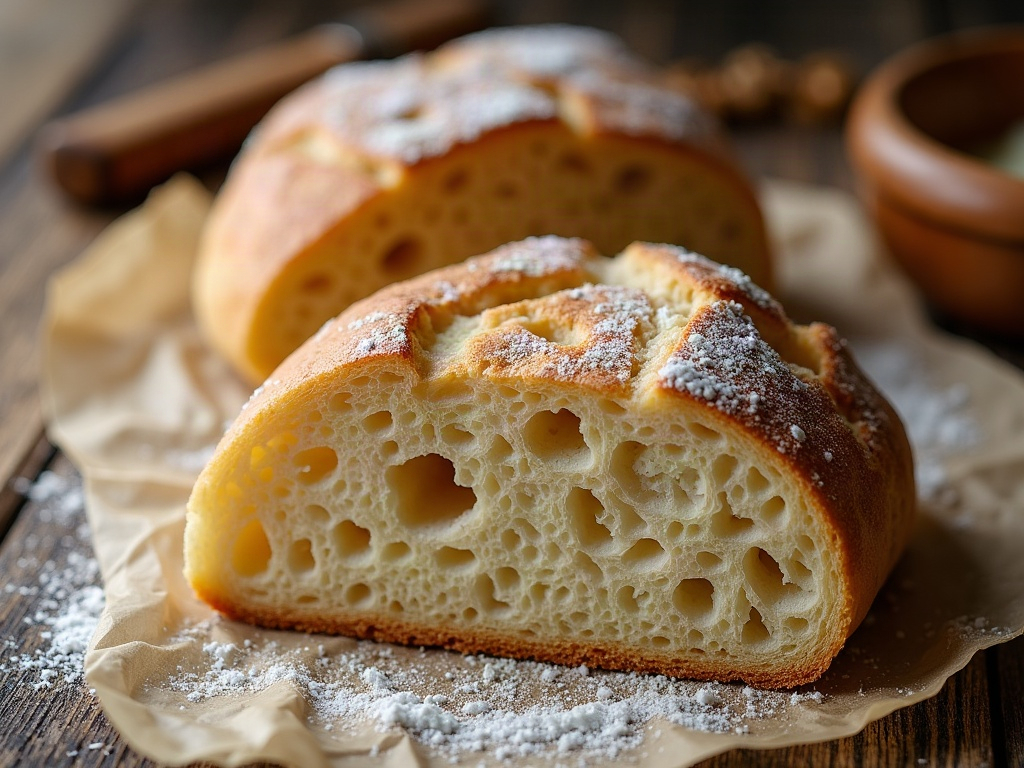 Cross-section of sourdough focaccia showing an airy open crumb and crisp bottom