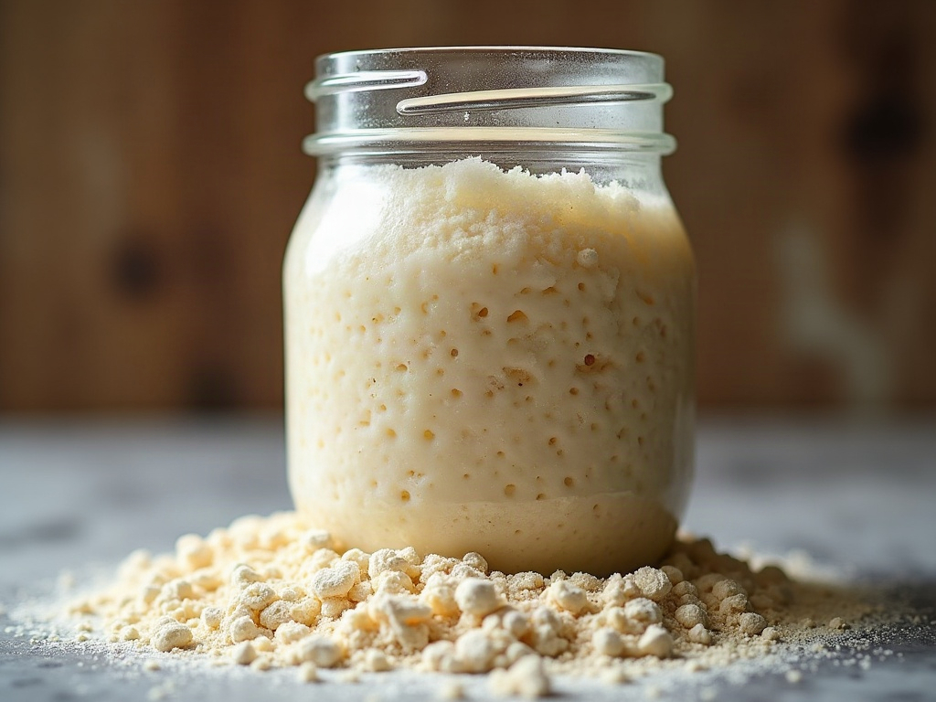 Bubbly sourdough starter overflowing and collapsing past its peak