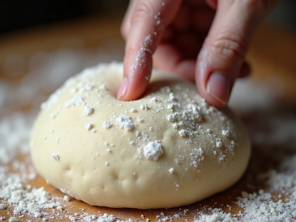 A floured finger pressing a shallow dent into proofed sourdough dough