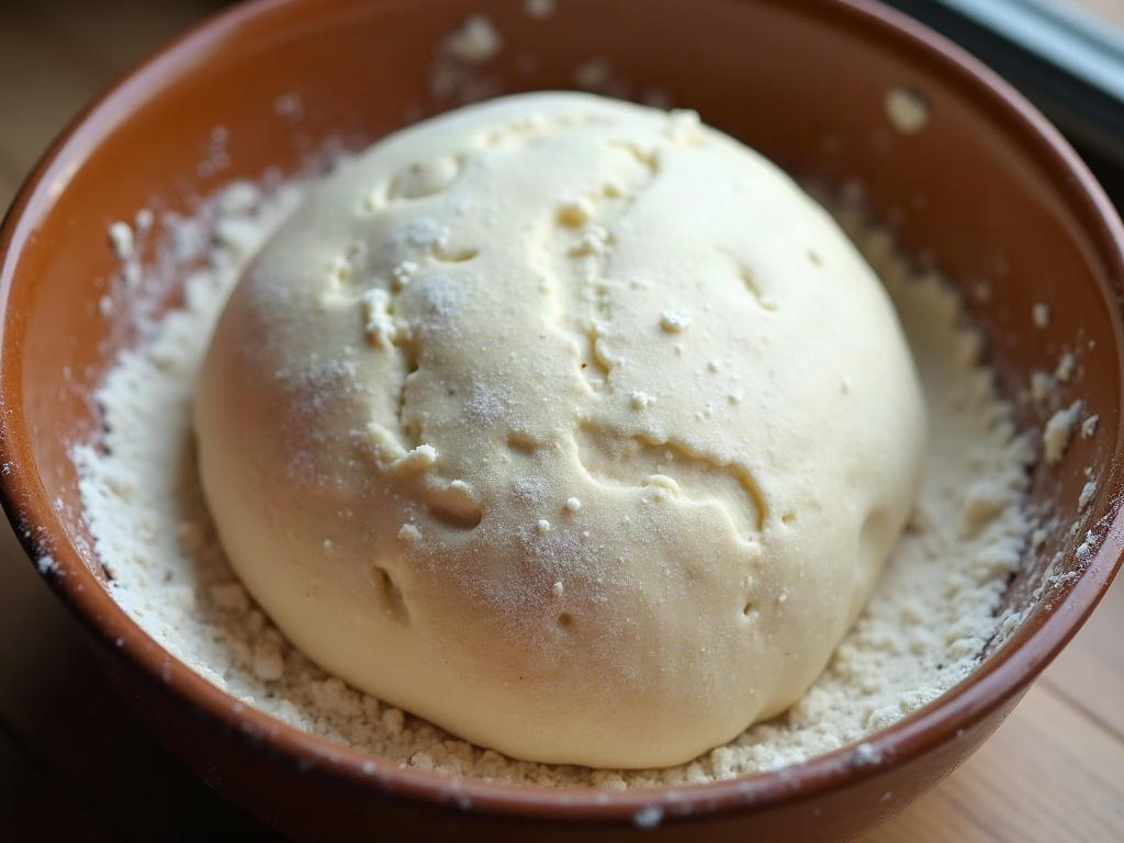 Risen sourdough dough with a smooth domed jiggly surface in a bowl