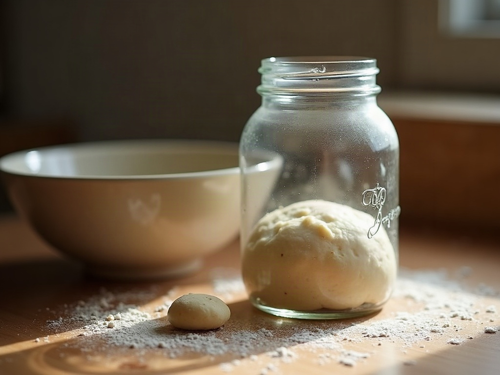 A small glass jar with a rising dough sample beside a mixing bowl