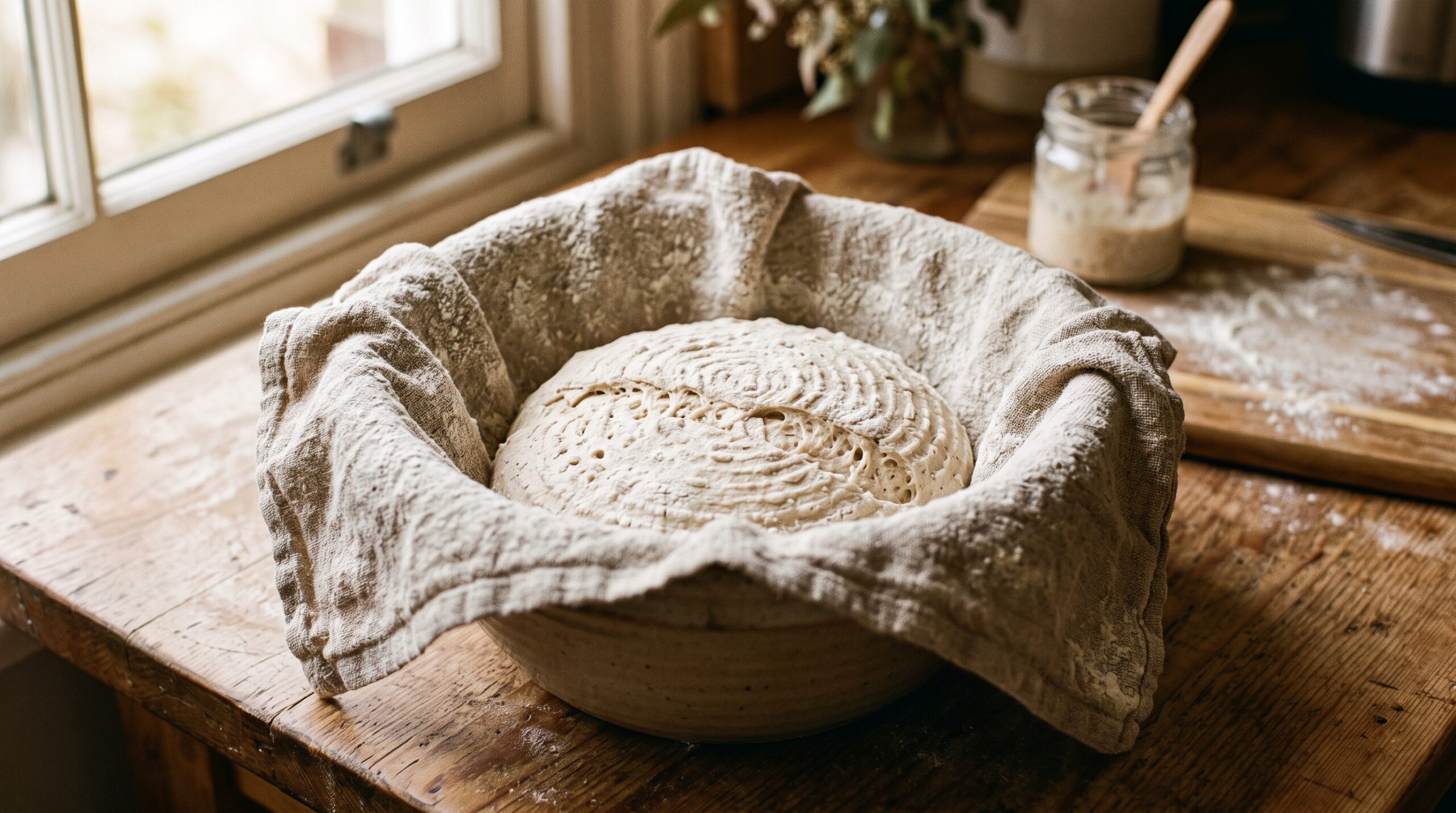 A shaped sourdough boule proofing in a mixing bowl lined with a flour-dusted tea towel