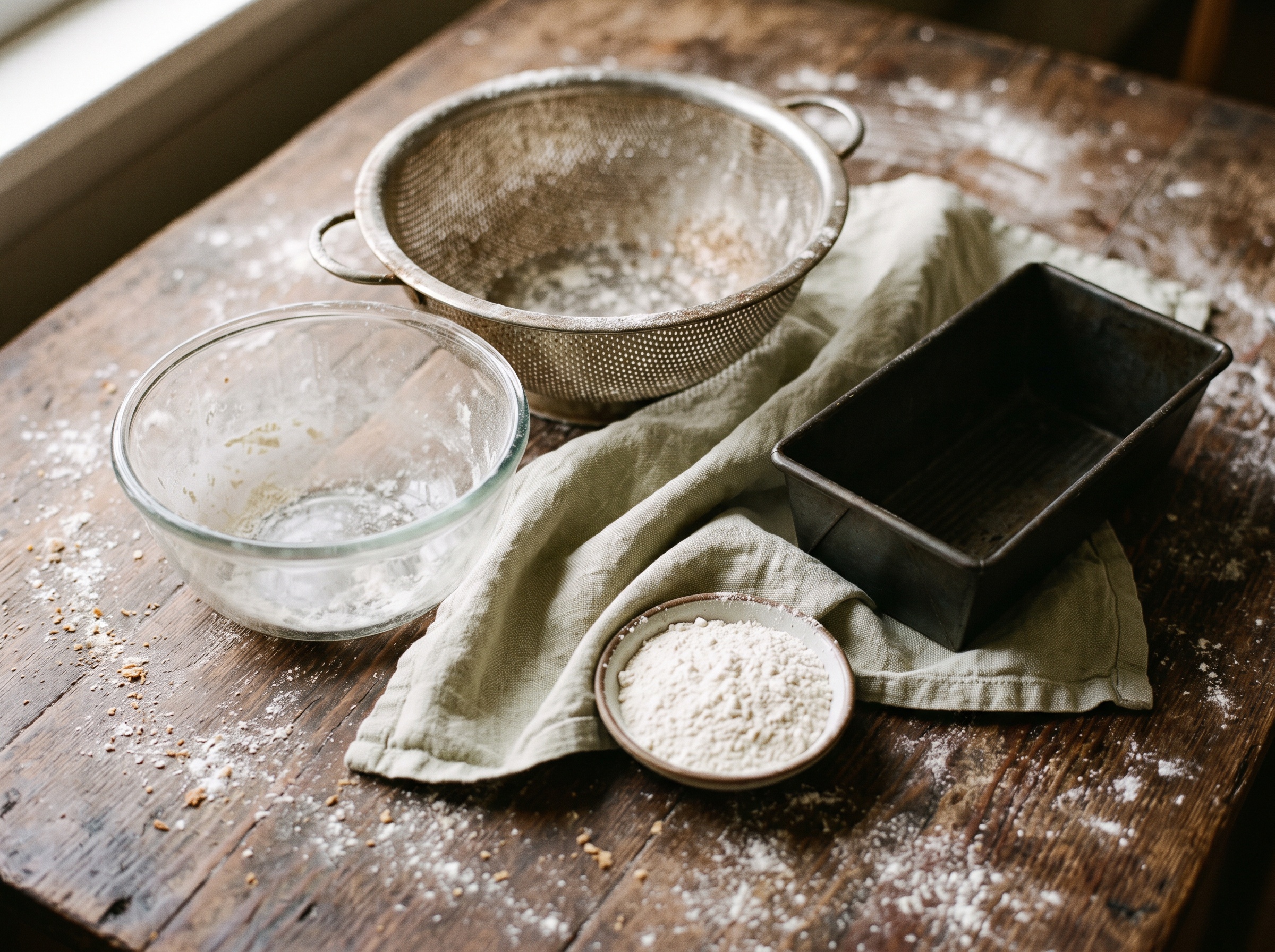 Everyday kitchen items for proofing sourdough: a colander, bowl, tea towel, loaf tin and rice flour