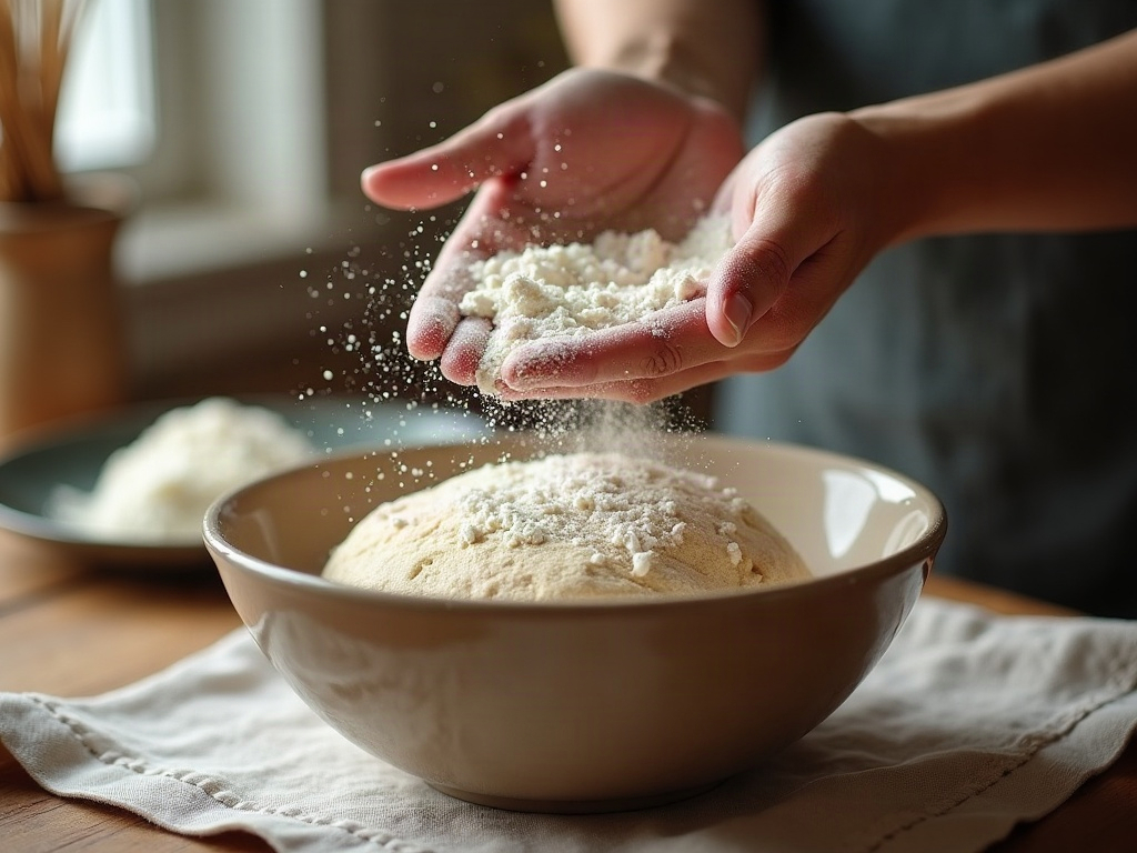 Hands dusting a linen-lined bowl with rice flour to keep sourdough from sticking