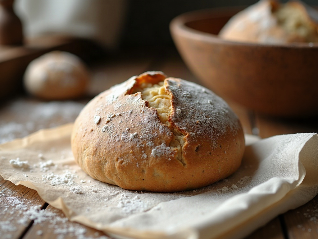 A proofed sourdough dough being turned out of a lined bowl onto parchment, holding its round shape