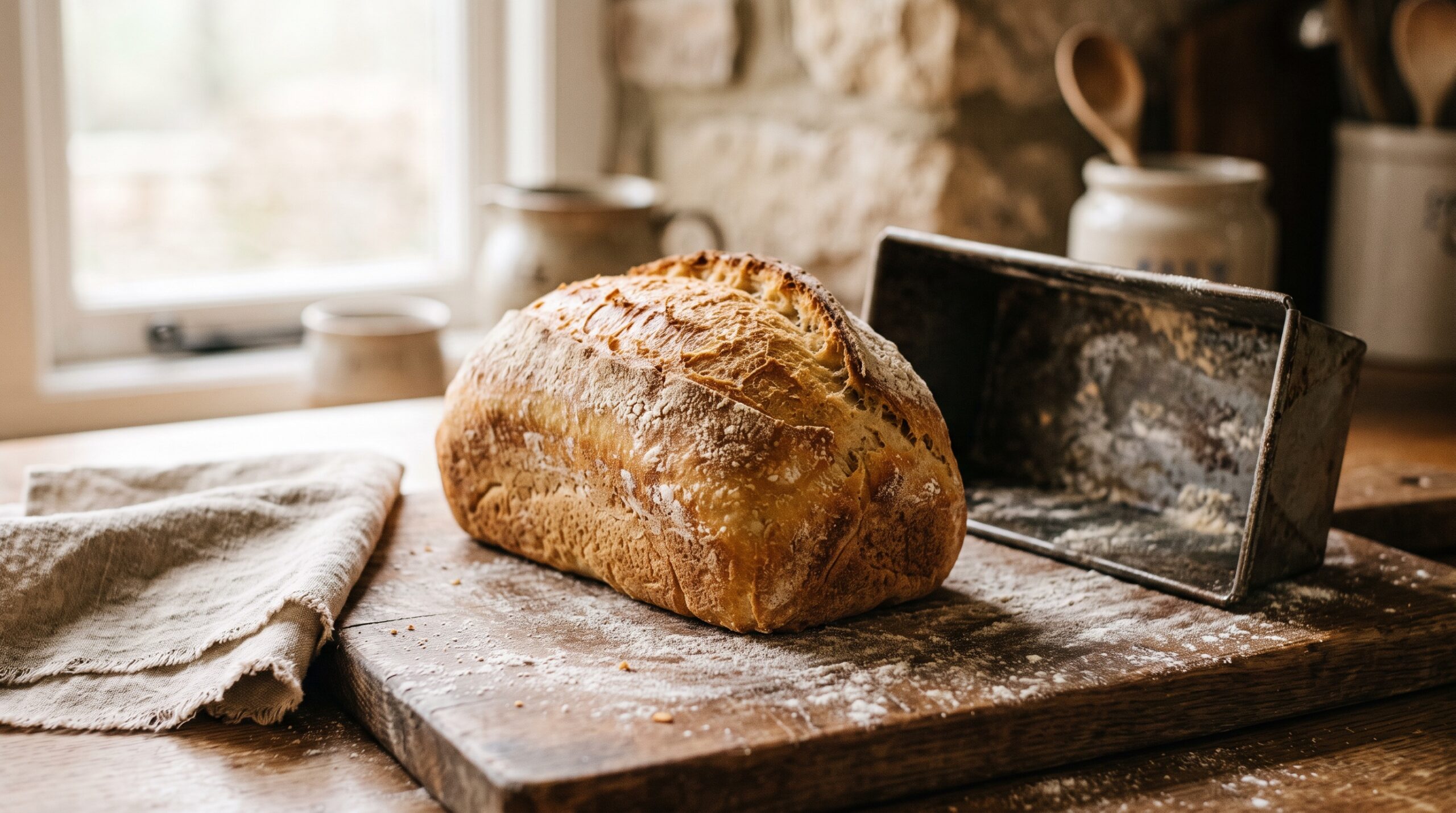 Golden sourdough sandwich loaf turned out of a rectangular pan on a floured wooden board