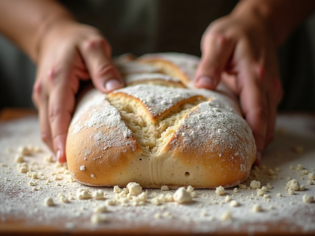 Hands shaping soft sourdough dough into a tight log on a floured surface