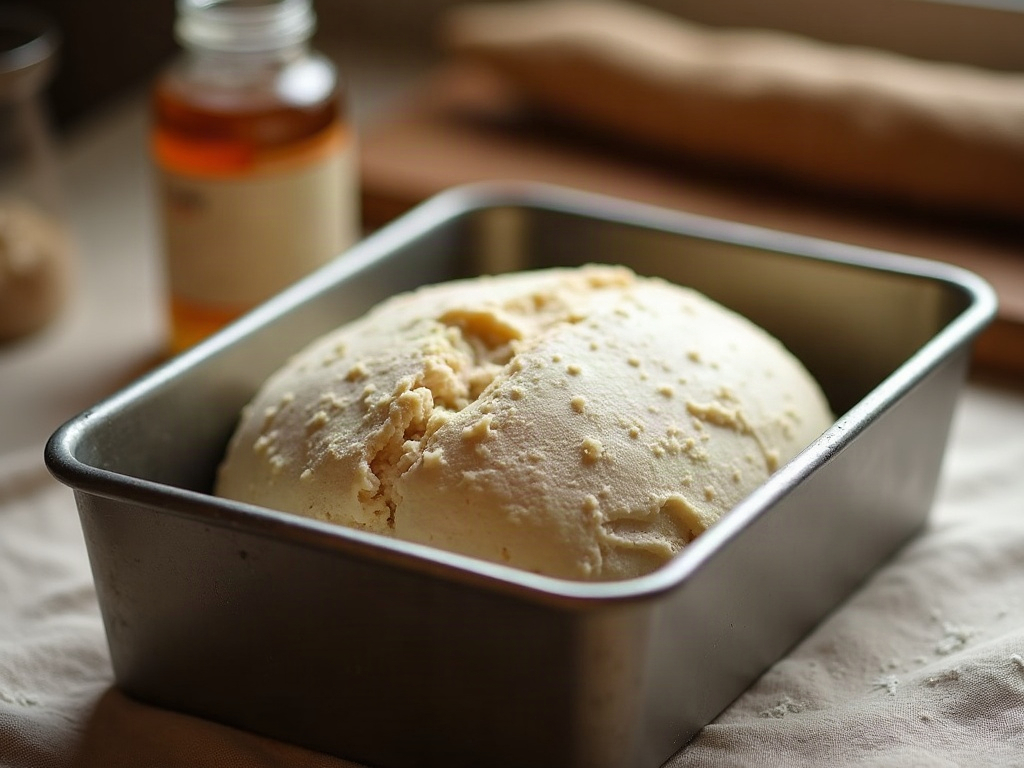 Shaped sourdough dough proofing inside a loaf pan, risen to just below the rim