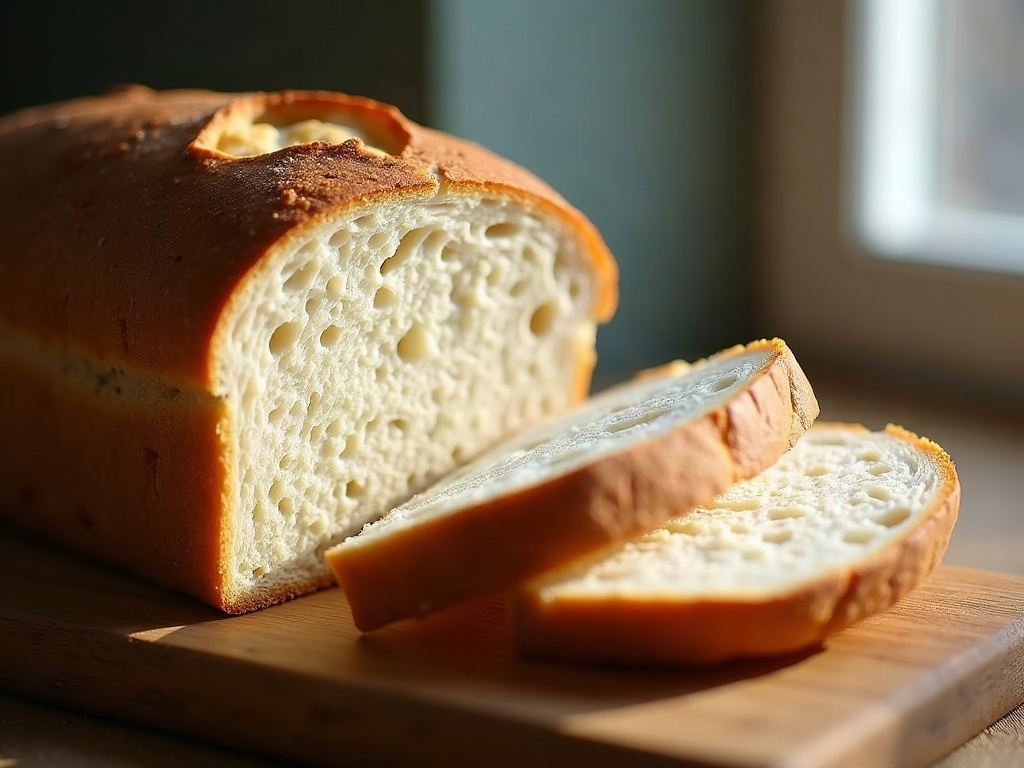 Cross-section of a sliced pan sourdough showing a soft, even, fine crumb and thin crust