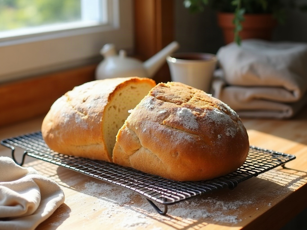 Finished pan sourdough cooling on a wire rack by a window with a few slices cut