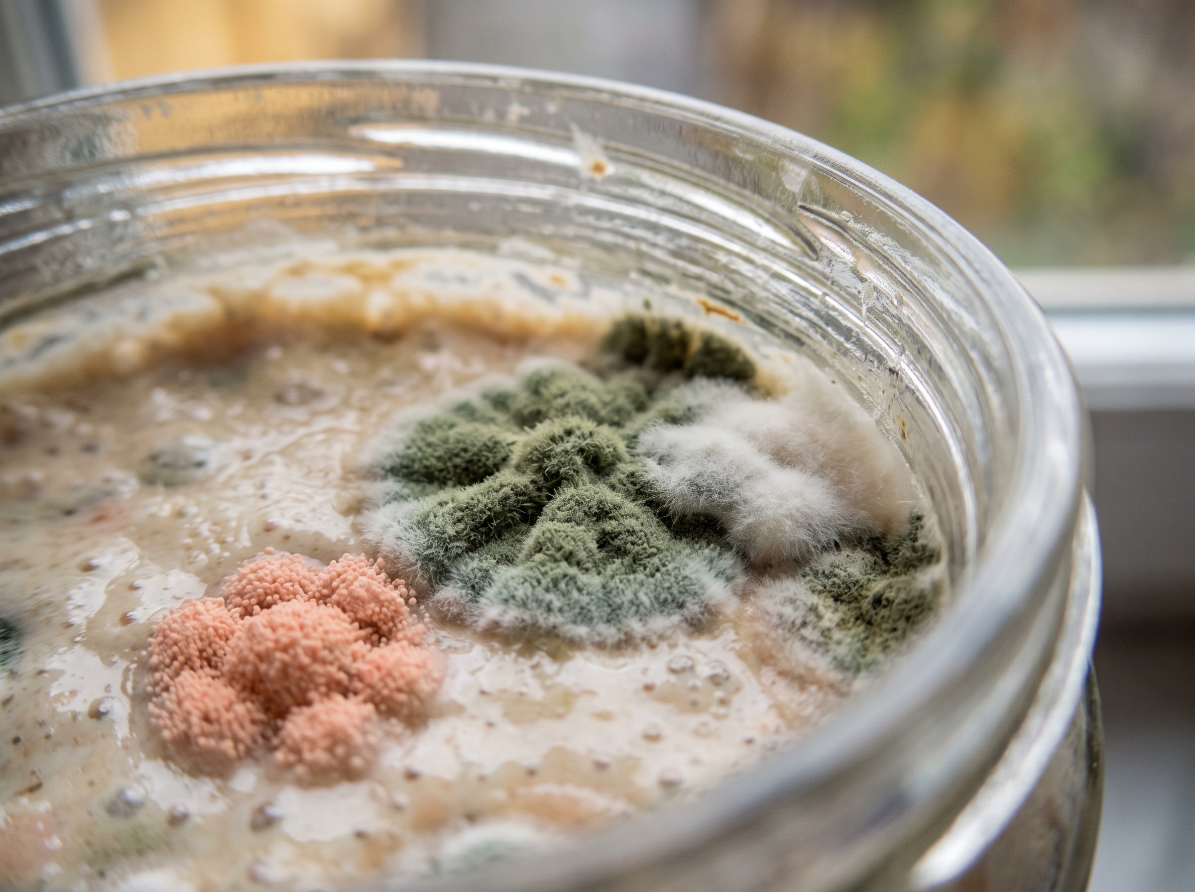Close-up of fuzzy raised green, white and pink-orange mold colonies growing on a sourdough starter surface
