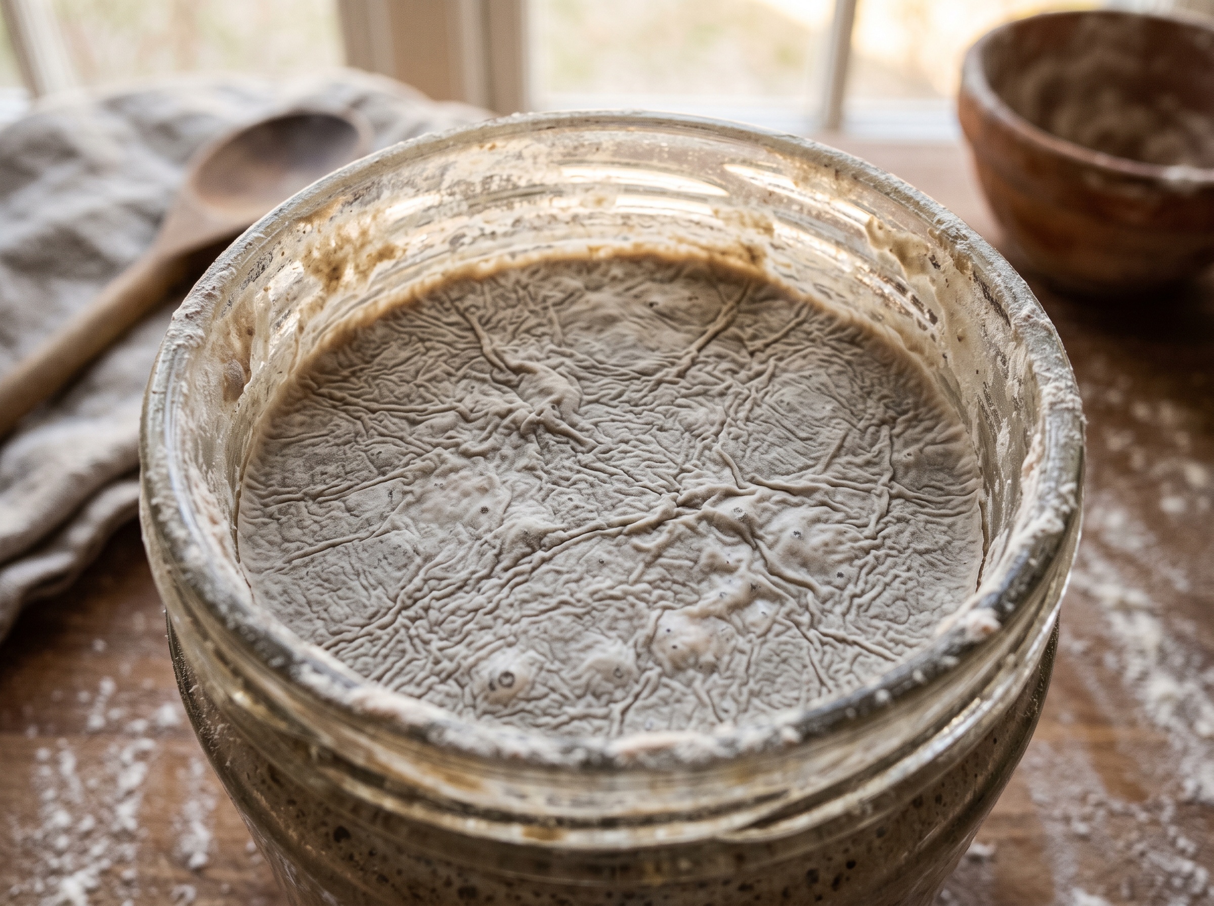 A thin flat wrinkly white film of kahm yeast sitting flat on the surface of a sourdough starter