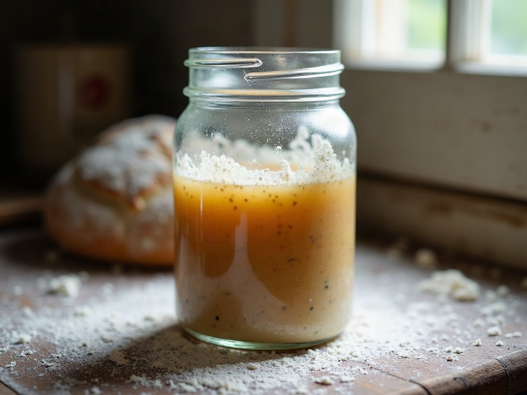 A layer of clear amber hooch liquid sitting on top of a sourdough starter in a jar