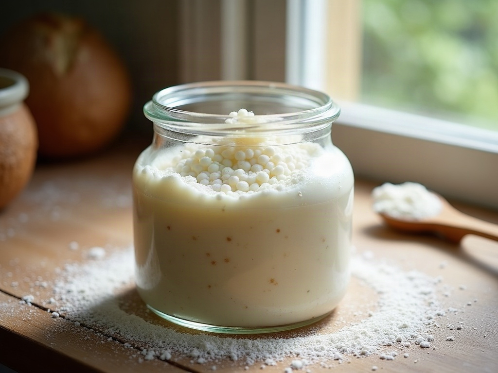 A healthy freshly fed sourdough starter domed and bubbly in a clean glass jar by a window