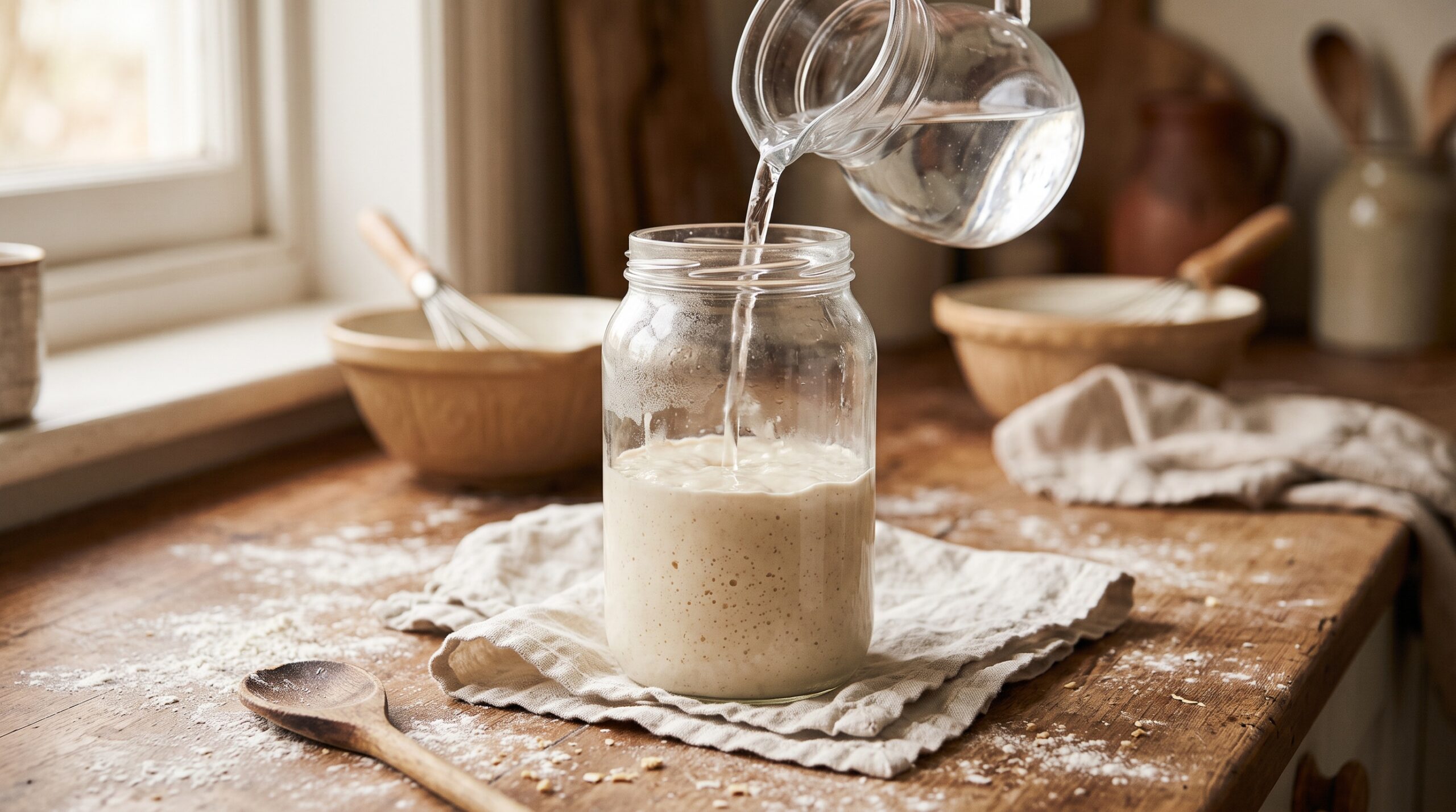 Water being poured into a jar of pale, sluggish sourdough starter on a floured wooden counter