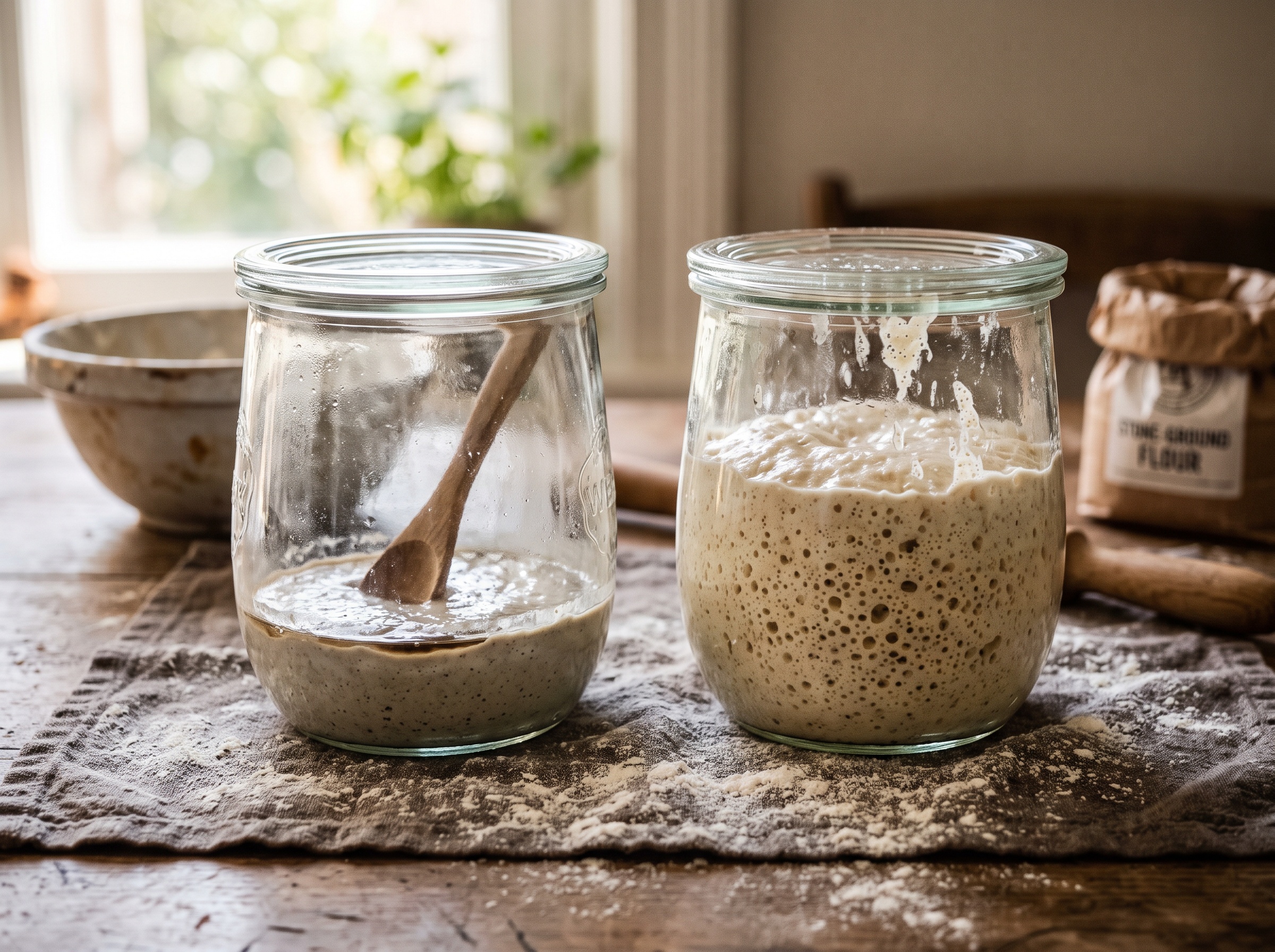 Two jars of sourdough starter compared - one flat and lifeless, one bubbly and risen