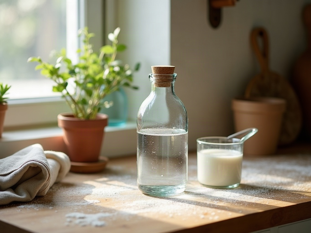 A jug of water resting beside a filter pitcher to remove chlorine before feeding a starter