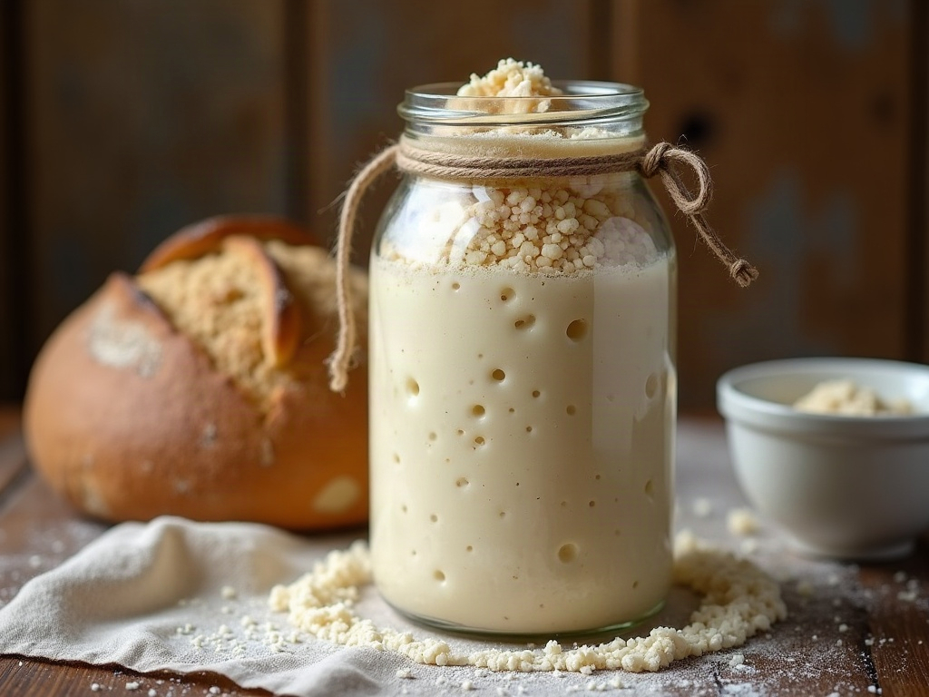 A healthy sourdough starter risen well past its rubber-band mark, full of bubbles
