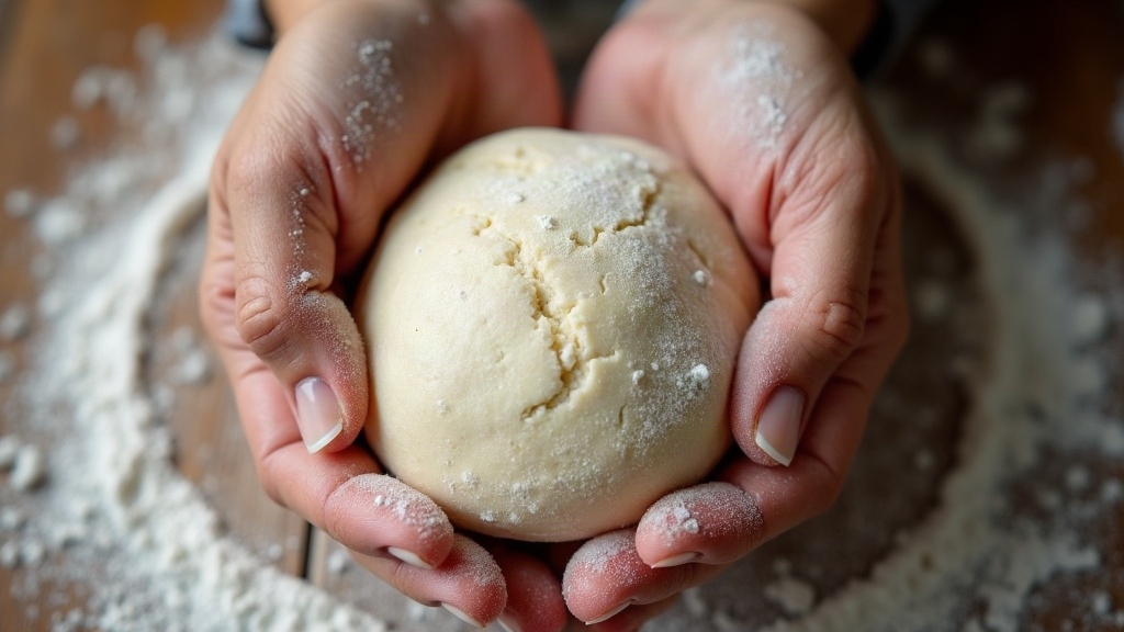 Fingertips slowly stretching a small dough ball from the center into a thin see-through film
