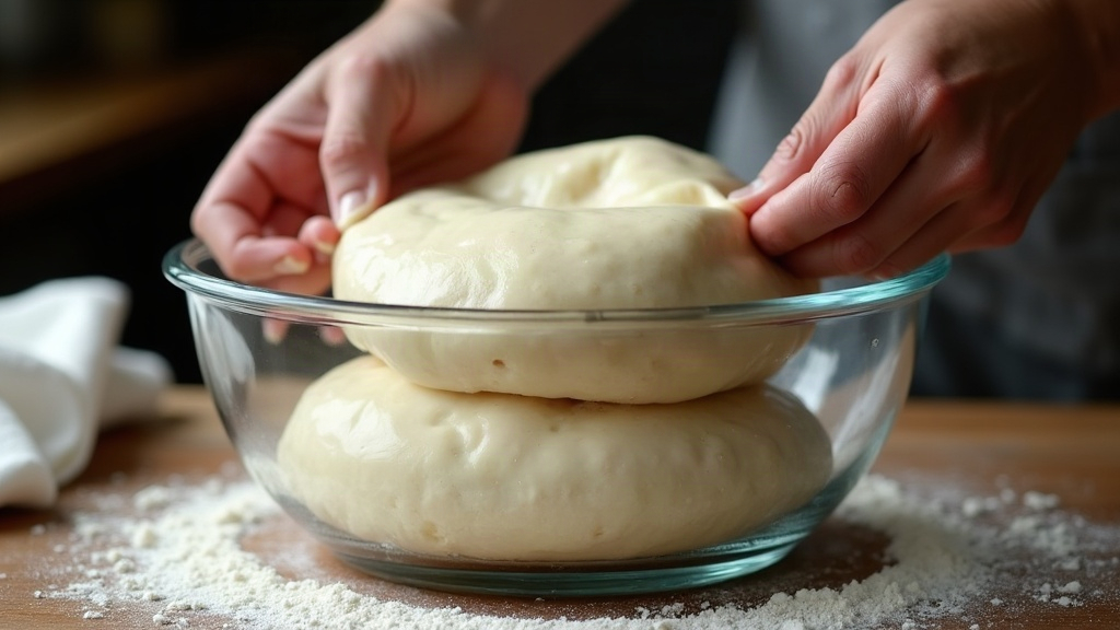A wet hand lifting and folding a slack sticky sourdough dough over itself inside a glass bowl