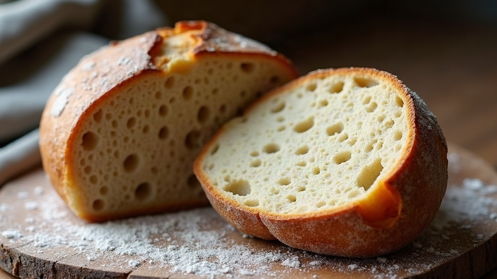 A halved sourdough boule showing an even open crumb with glossy cell walls and a golden crust