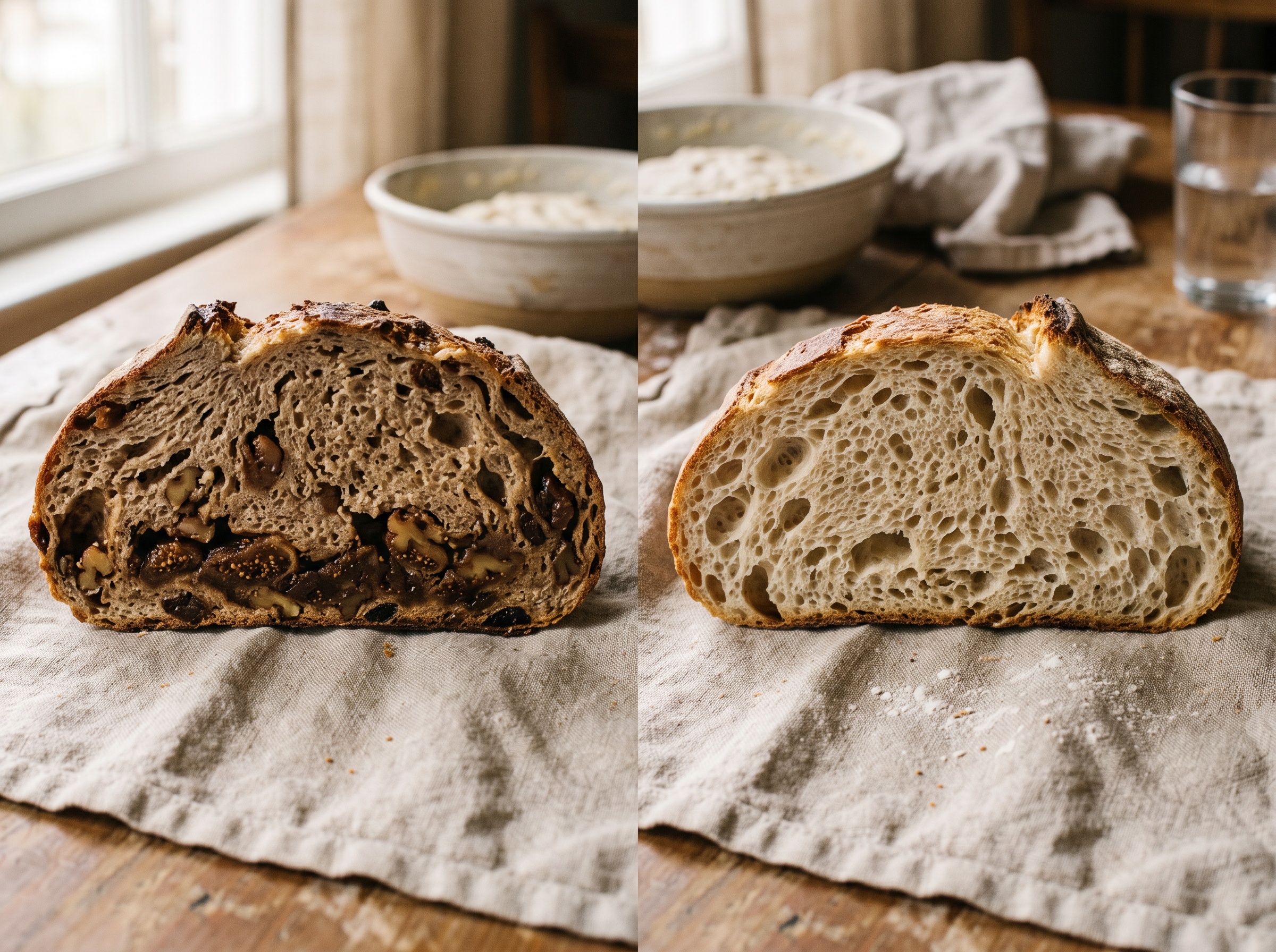 Two sourdough cross-sections compared: one dense with sunken clumped add-ins, one airy and even