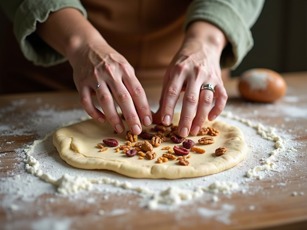 Hands laminating stretched sourdough dough and scattering nuts and fruit across it before folding
