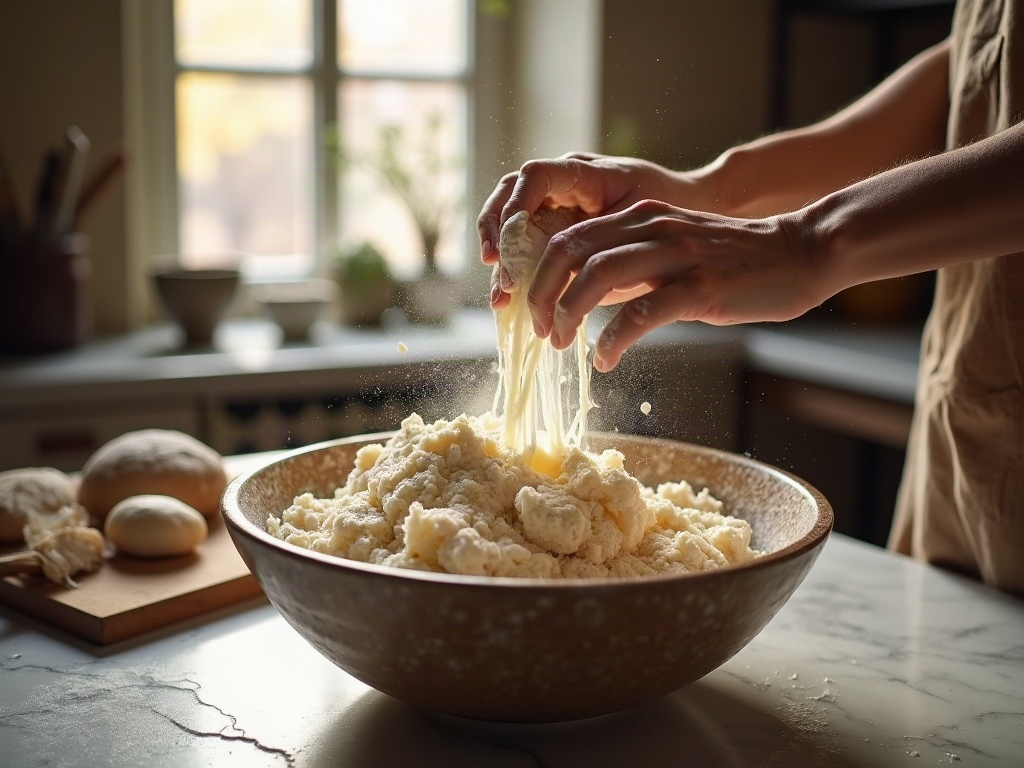 Cold starter being mixed straight into a bowl of shaggy sourdough dough by hand