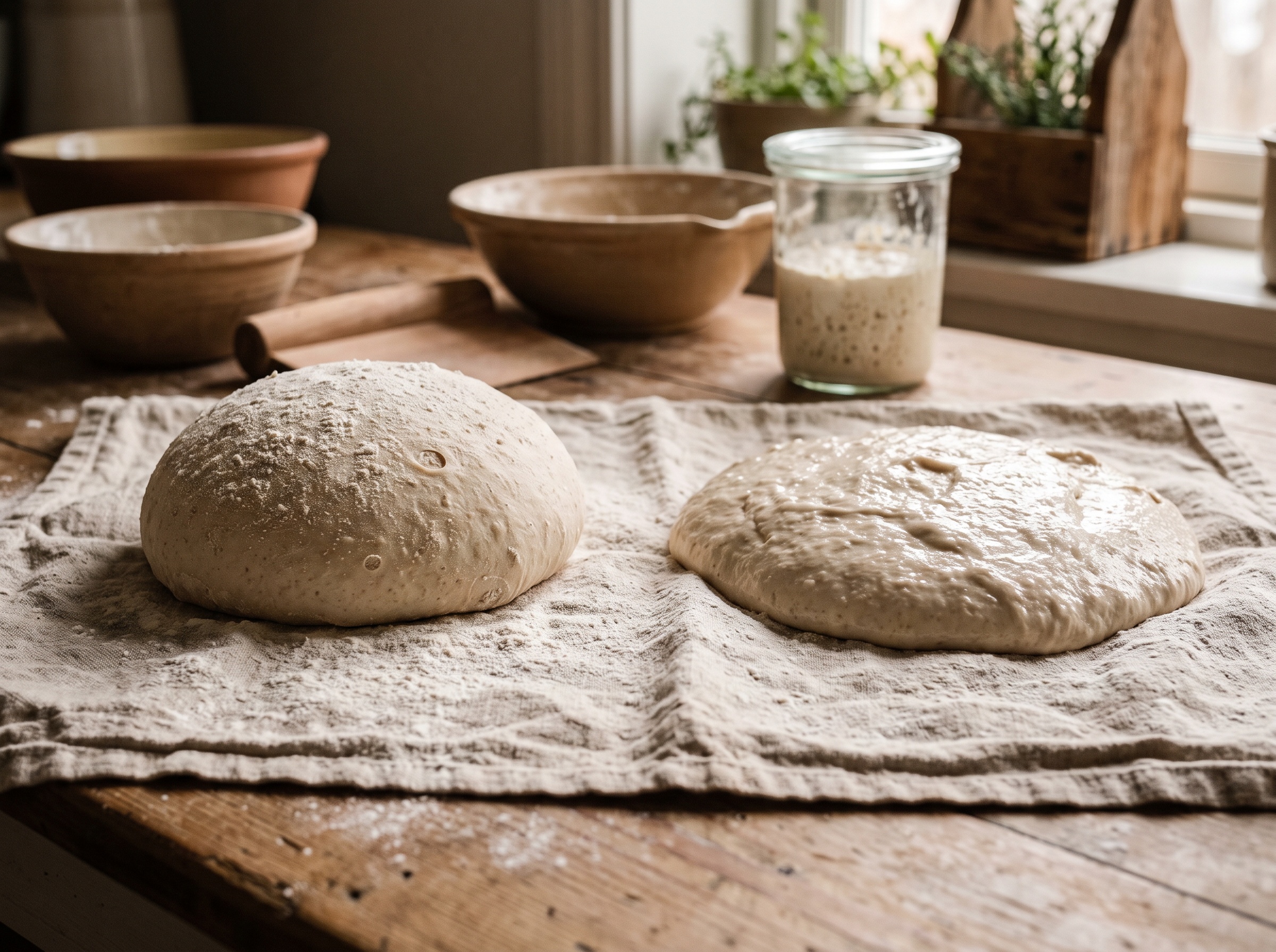 Two sourdough dough balls side by side: a stiffer rounded one and a wetter, slacker one