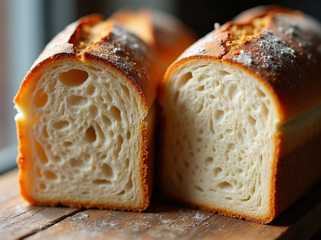 Two sourdough crumb cross-sections: one tight and even, one open and airy