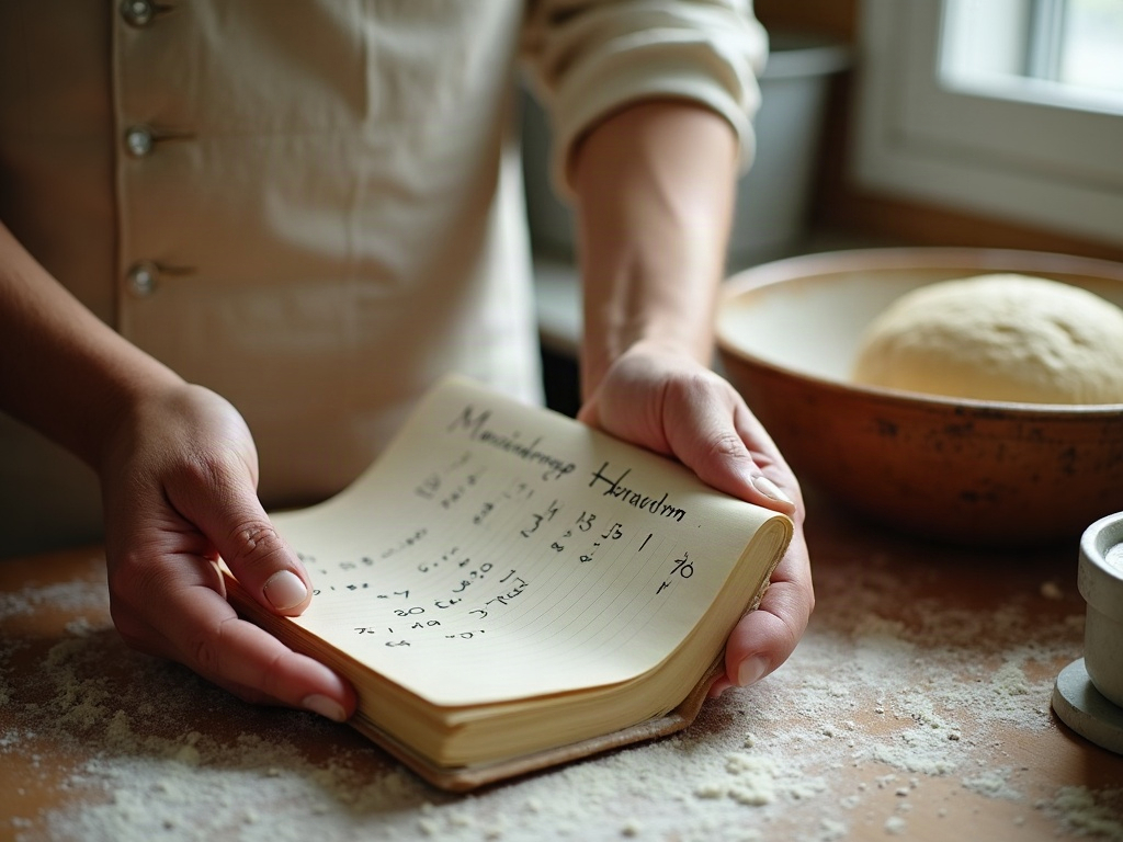 A baker's hands with a small notebook beside a bowl of dough and a scale