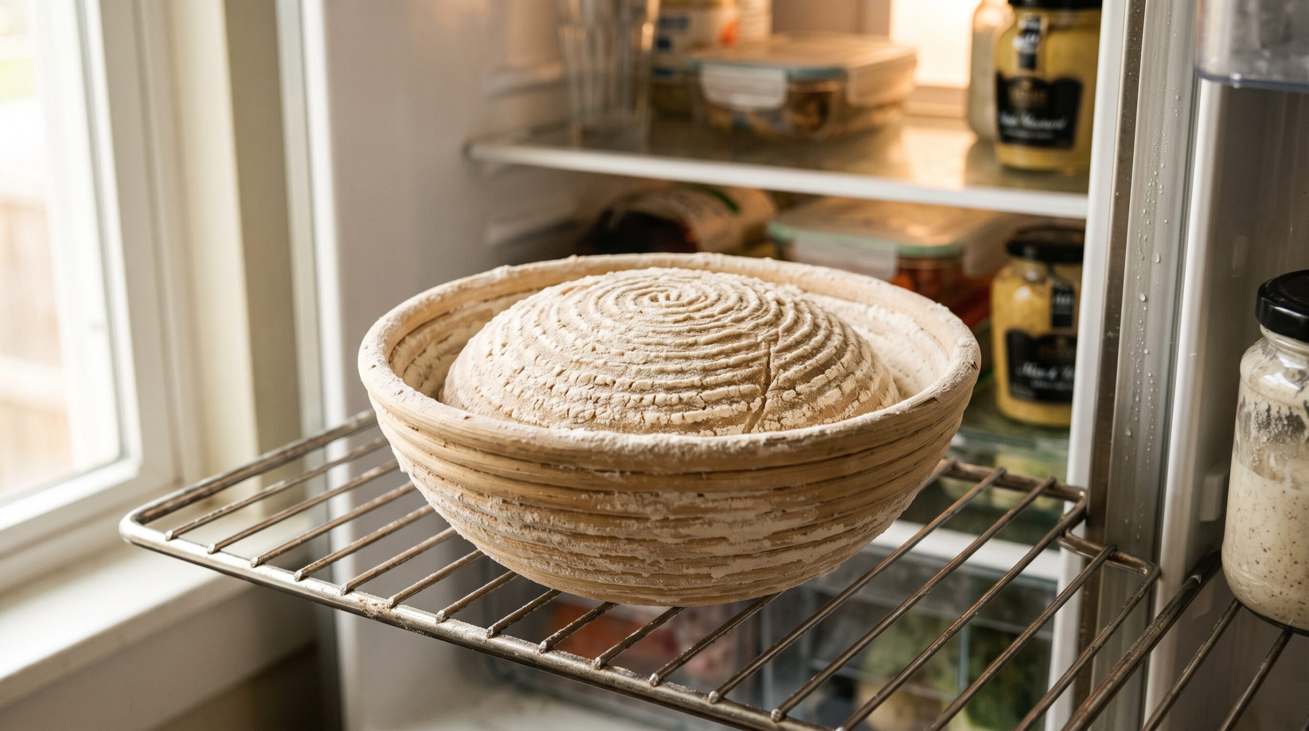 Shaped sourdough loaf in a banneton on a refrigerator shelf for an overnight cold proof