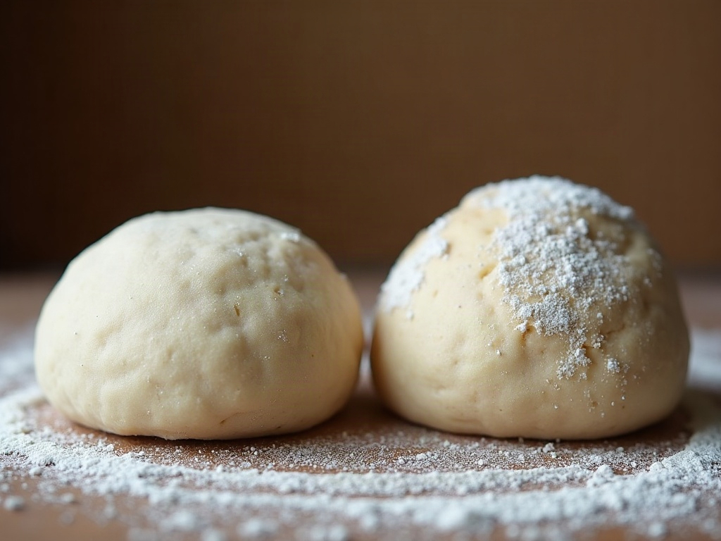 Side-by-side of an underproofed tight dough versus a well-risen bubbly dough before the fridge