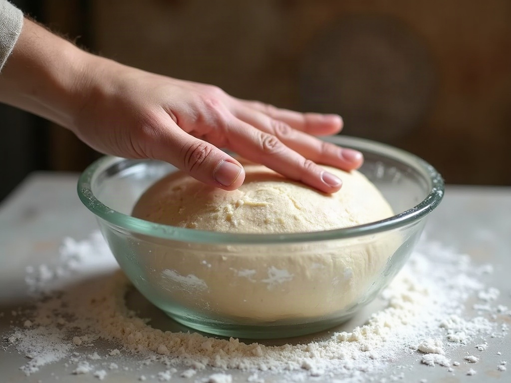 The poke test on proofed sourdough dough showing a dimple that springs back halfway