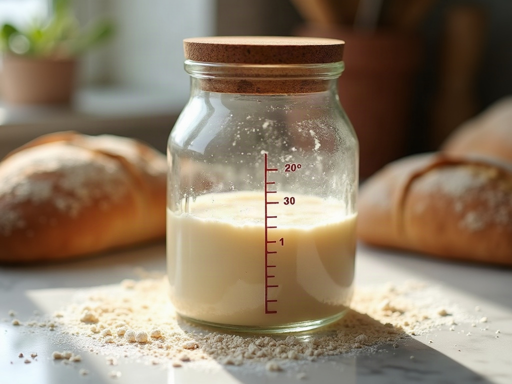 An aliquot jar with a rubber band showing how much sourdough dough has risen during bulk