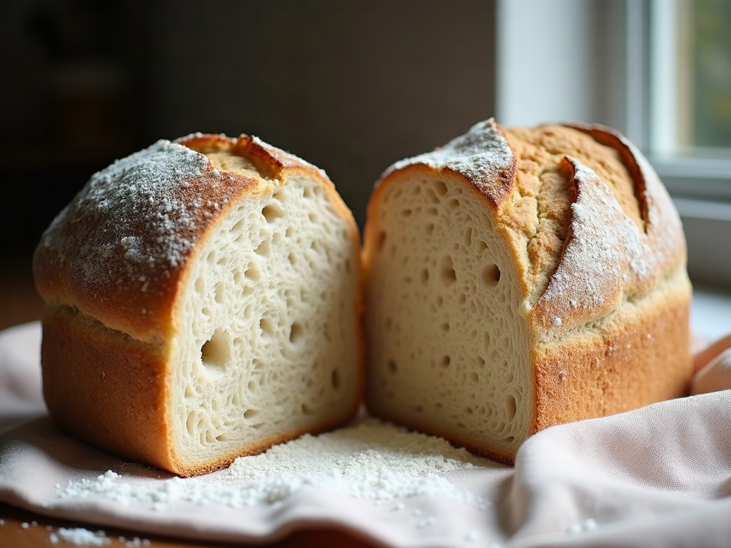 Cross-section comparison of a dense stalled sourdough loaf and a tall open-crumb loaf