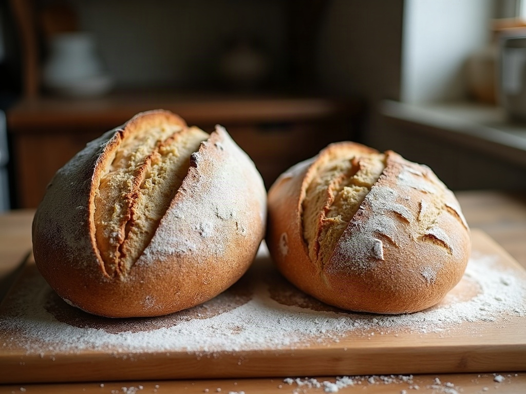 Two sourdough loaves compared, one tall and one spread flat