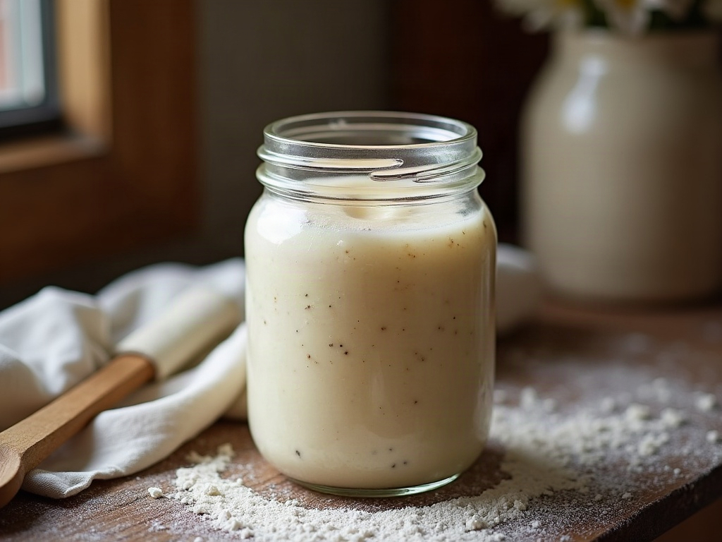 A jar of fed sourdough starter risen to a bubbly domed peak with a band marking its rise