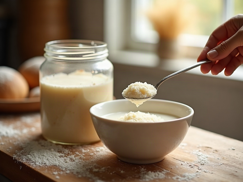 A spoonful of active starter floating in a bowl of water beside a healthy risen jar