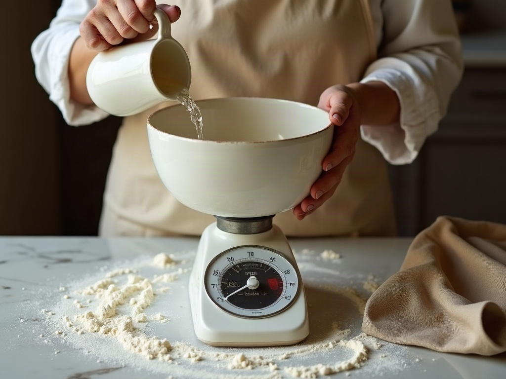 Baker adding water to a bowl on a tared kitchen scale