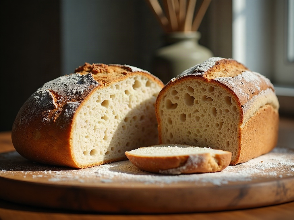 Two sourdough loaves cut open, one dense and one with an open crumb