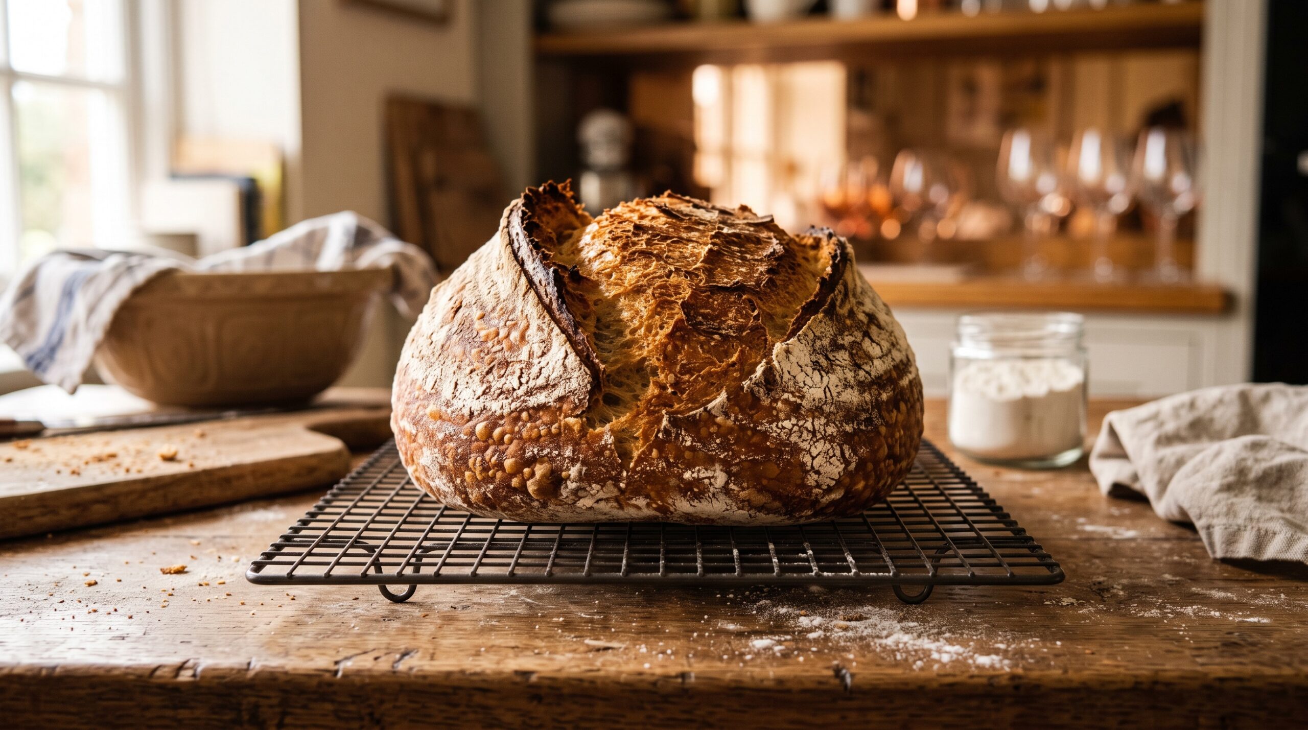 A tall sourdough loaf with a burst ear and golden crackled crust cooling on a rack