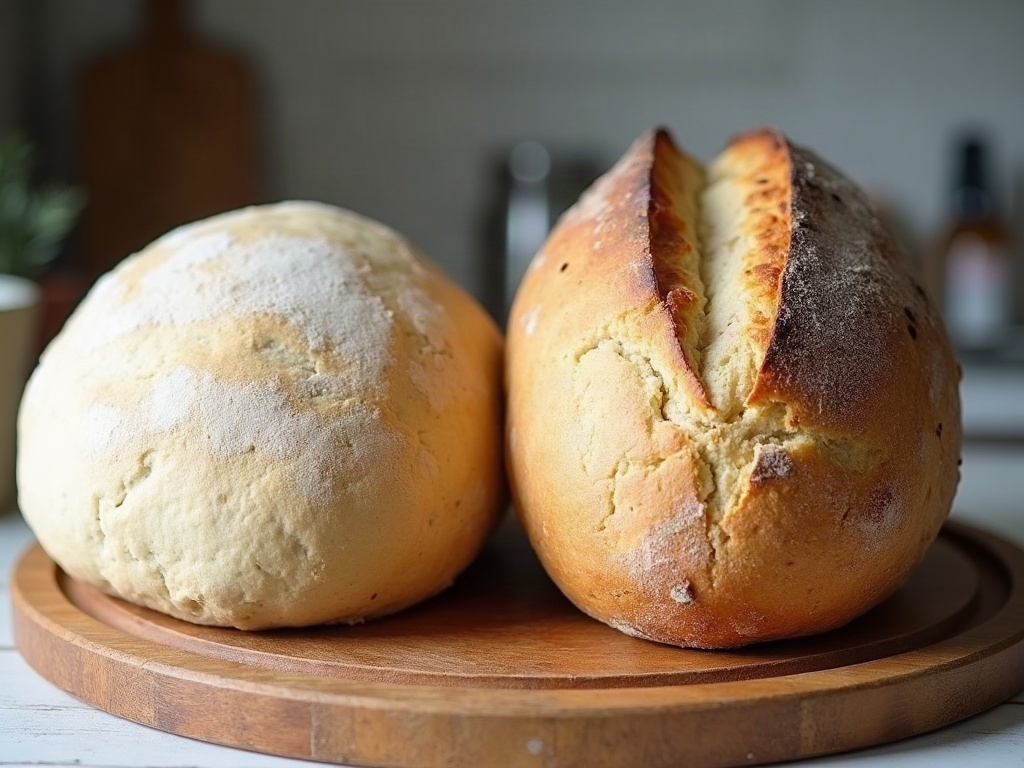 A pale flat loaf next to a tall golden well-sprung loaf for comparison