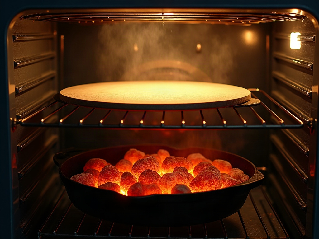 Home oven set up with a baking steel and a skillet of lava rocks for creating steam