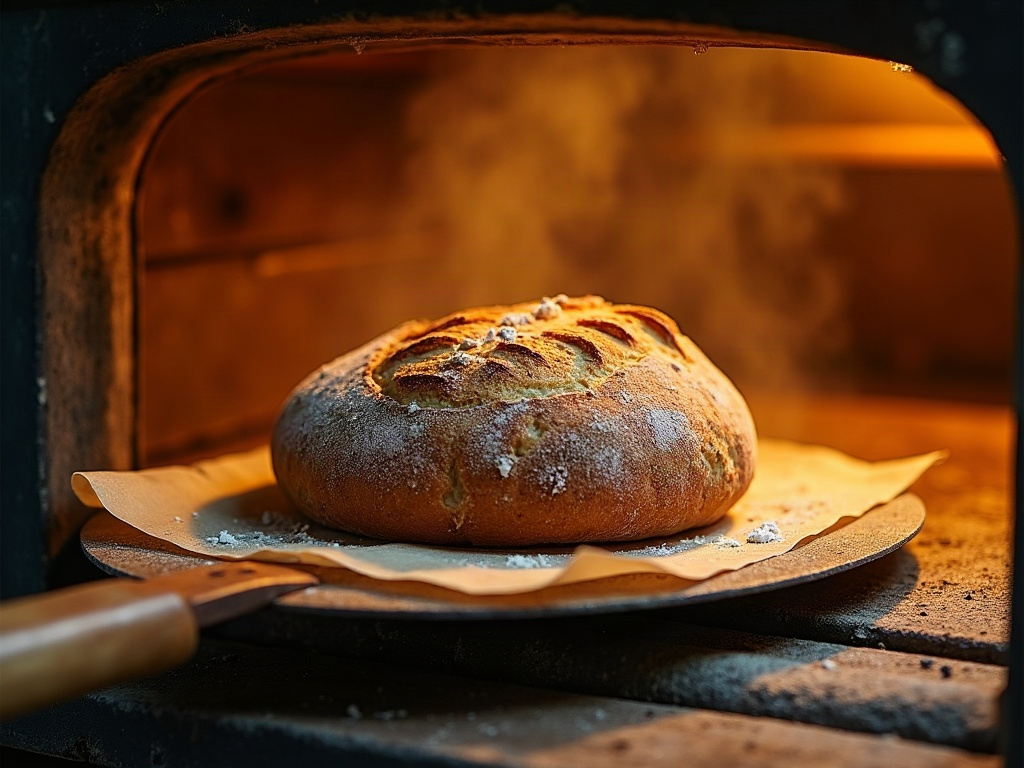 A scored sourdough loaf on parchment being slid onto a hot baking steel