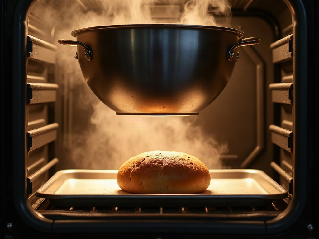 A metal bowl inverted over a loaf on a sheet pan to trap steam in the oven