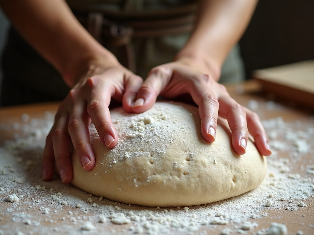Hands pressing a proofed round of sourdough dough to test readiness