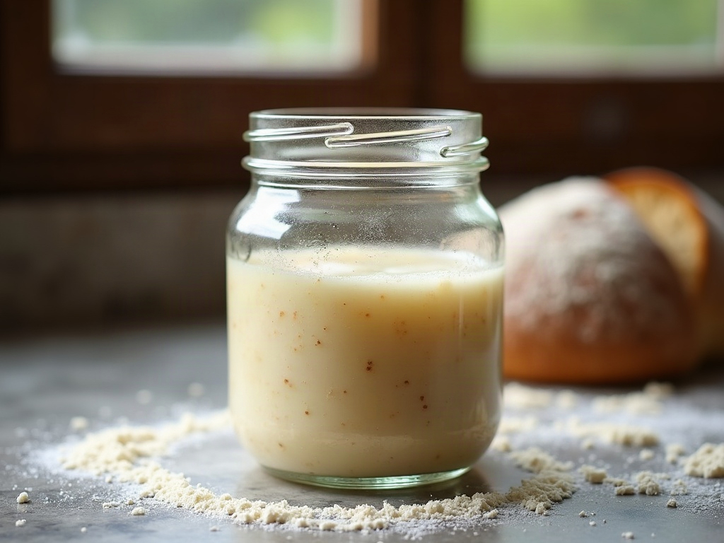 Active bubbly sourdough starter at peak rise in a glass jar
